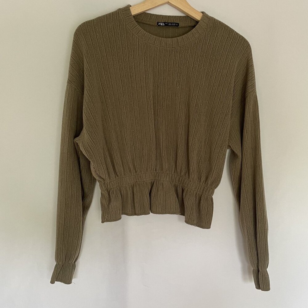 Zara cropped sweater crewneck cinched waist ruffle‎ detail casual comfortable S